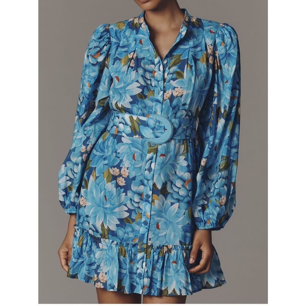 NWT Farm Rio x Anthropologie Blue Floral Belted Mini Dress size S
